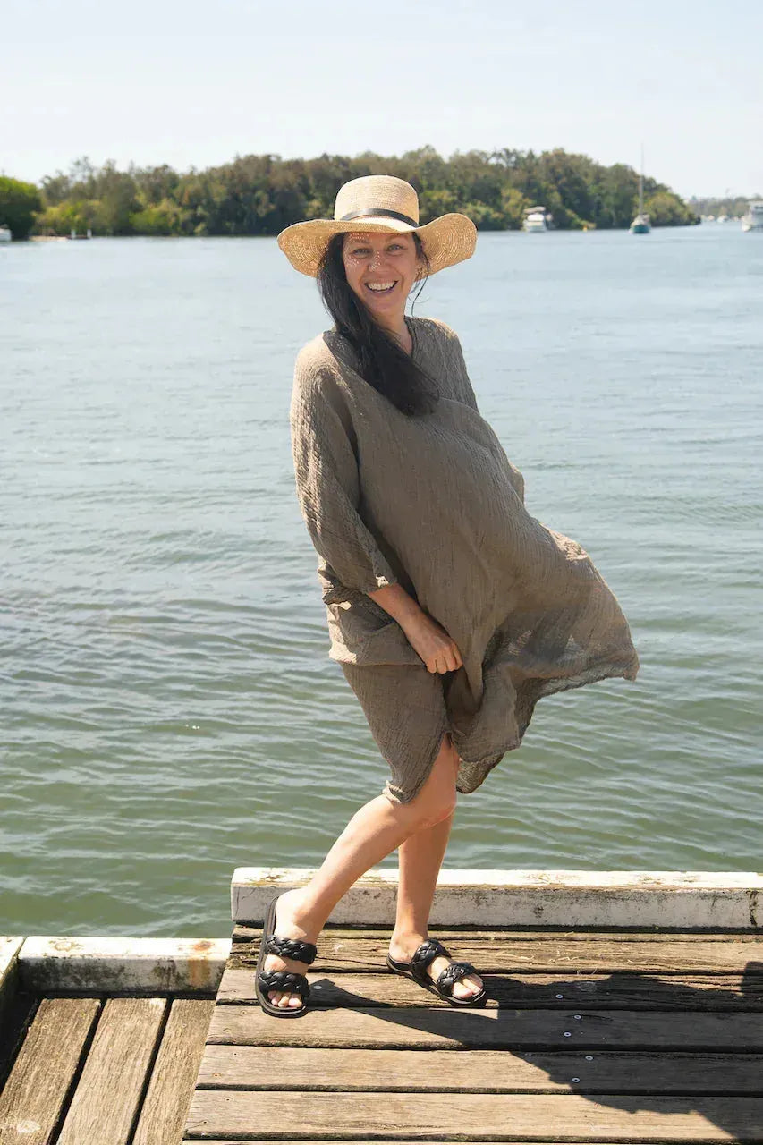 La Bottega di Brunella Linen Dress Vestito Fausta Garzata - Fossil LUXAMORE  