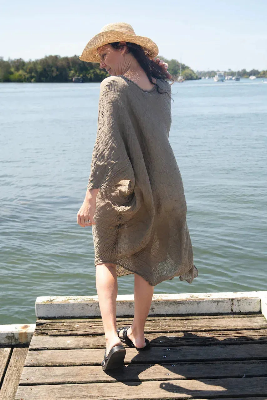 La Bottega di Brunella Linen Dress Vestito Fausta Garzata - Fossil LUXAMORE  