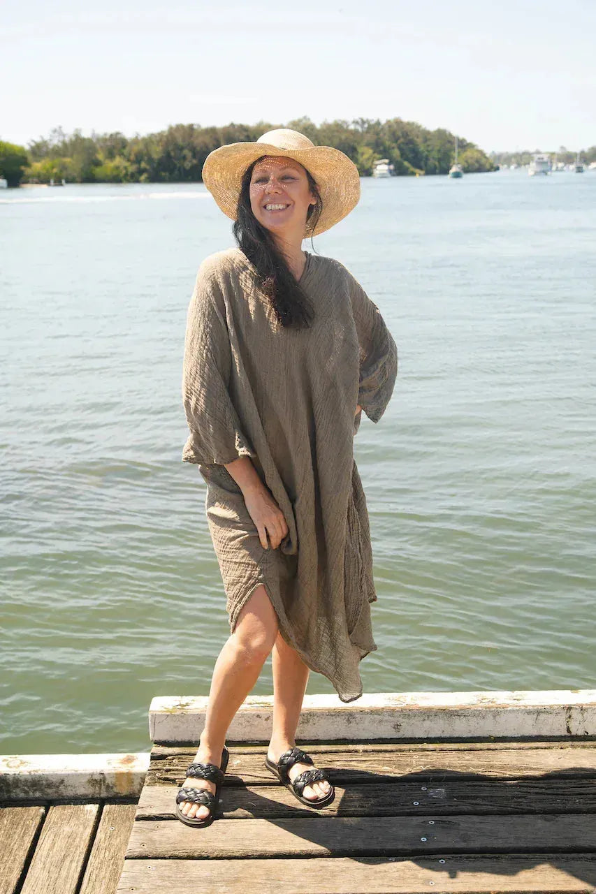 La Bottega di Brunella Linen Dress Vestito Fausta Garzata - Fossil LUXAMORE  