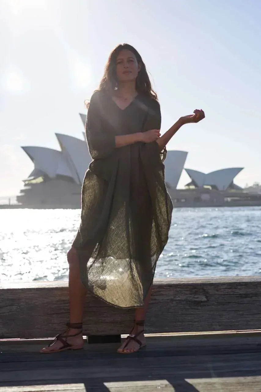 La Bottega di Brunella Linen Dress Vestito Fausta Garzata - Fossil worn by model in natural setting LUXAMORE 