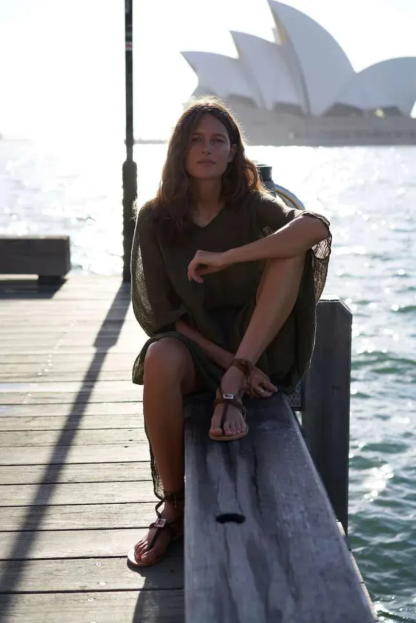 La Bottega di Brunella Linen Dress Vestito Fausta Garzata - Fossil worn by model in natural setting LUXAMORE 