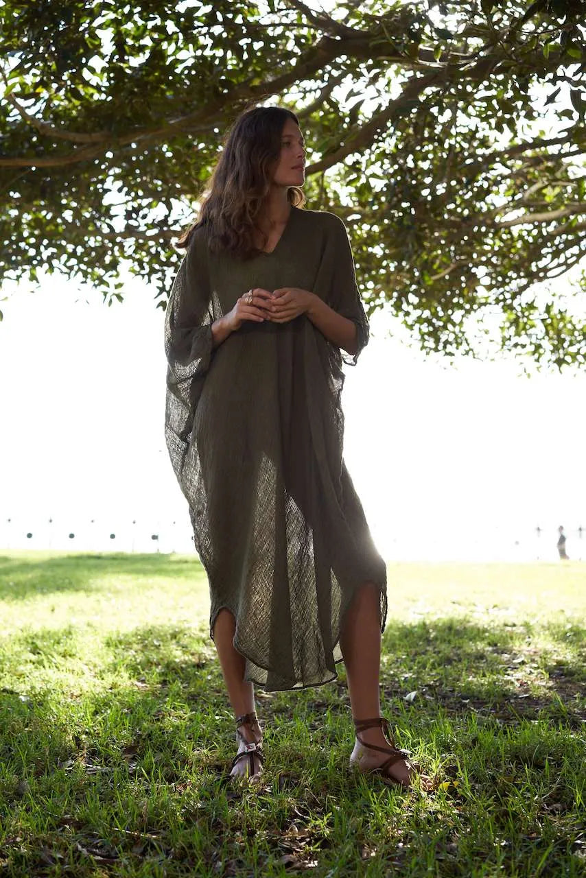 La Bottega di Brunella Linen Dress Vestito Fausta Garzata - Fossil - LUXAMORE -Dress-