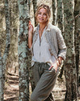 Alemais Sustainable Florence-Shirt close up worn by model LUXAMORE