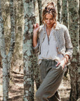 Alemais Sustainable Florence-Shirt close up worn by model LUXAMORE