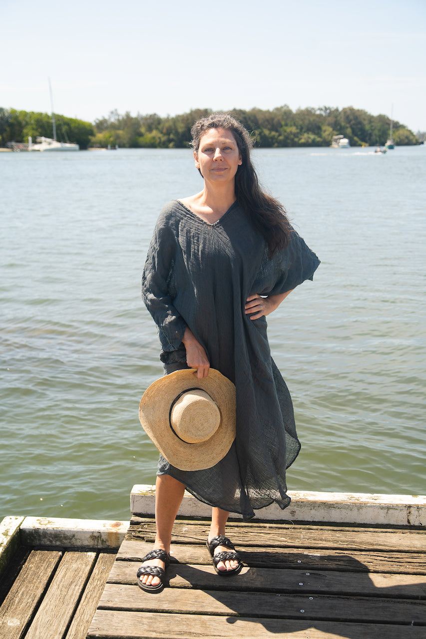 Woman Wearing La Bottega di Brunella Linen Dress Fausta Garzata - Lava - Dress LUXAMORE