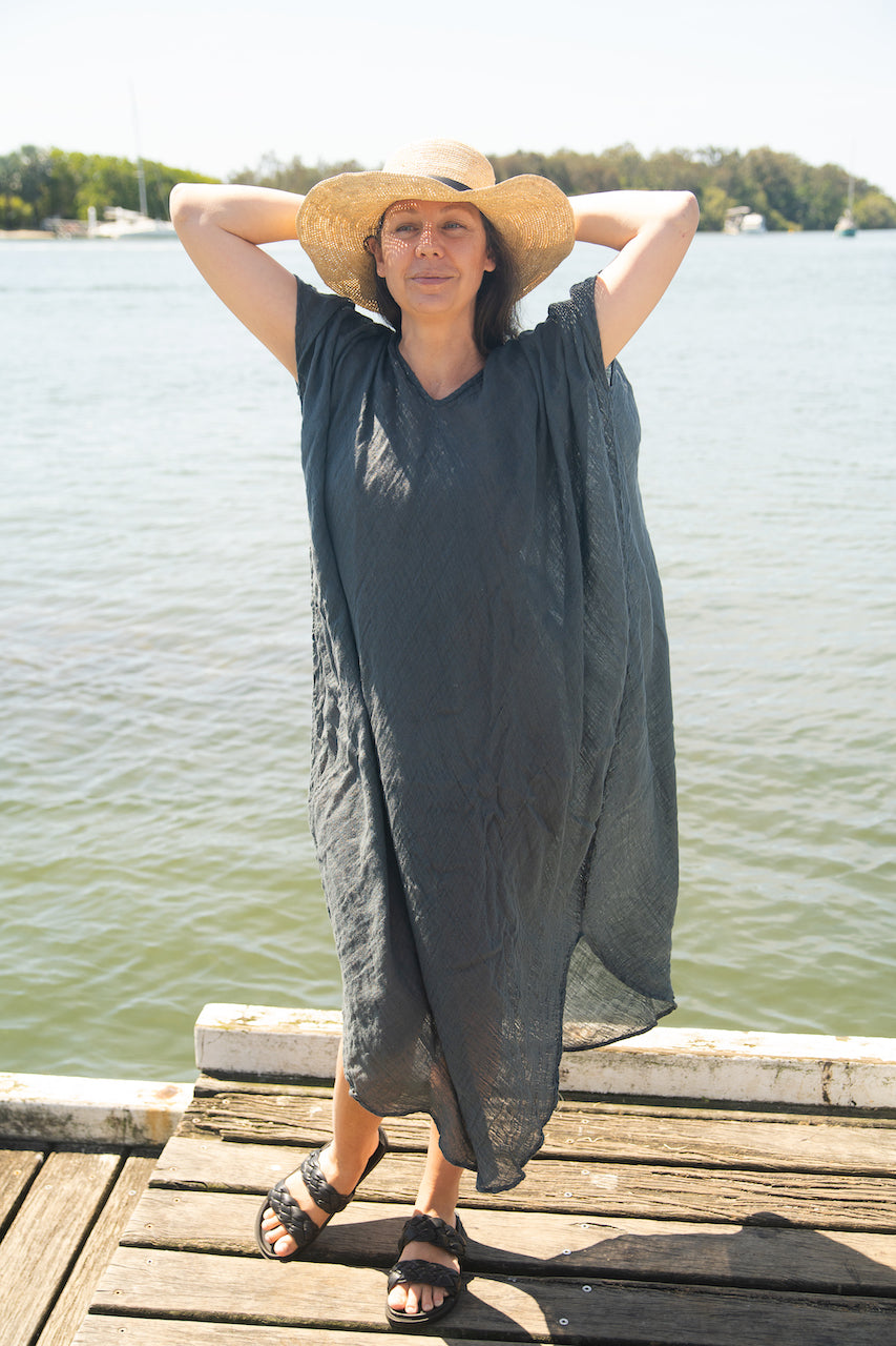 Woman Wearing La Bottega di Brunella Linen Dress Fausta Garzata - Lava - Dress LUXAMORE