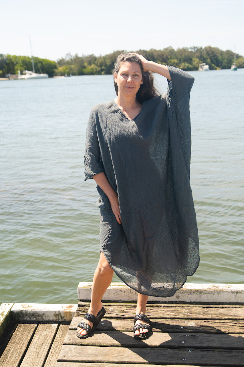 Woman Wearing La Bottega di Brunella Linen Dress Fausta Garzata - Lava - Dress LUXAMORE