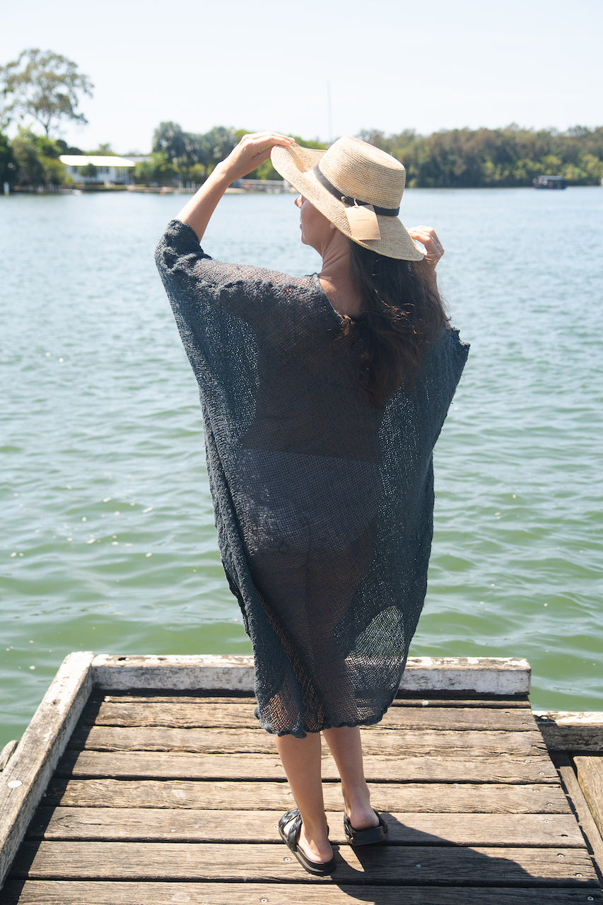 Woman Wearing La Bottega di Brunella Linen Dress Fausta Garzata - Lava - Dress LUXAMORE
