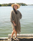 Woman Wearing La Bottega di Brunella Linen Dress Vestito Fausta Garzata - Fossil - Dress LUXAMORE