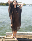 Woman Wearing La Bottega di Brunella Linen Dress Fausta Garzata - Chocolate - Dress LUXAMORE