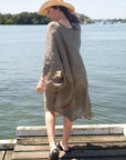 Woman Wearing La Bottega di Brunella Linen Dress Vestito Fausta Garzata - Fossil - Dress LUXAMORE