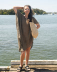 Woman Wearing La Bottega di Brunella Linen Dress Vestito Fausta Campagna - Fossil - Dress LUXAMORE