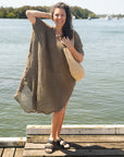 Woman Wearing La Bottega di Brunella Linen Dress Vestito Fausta Campagna - Fossil - Dress LUXAMORE
