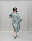 women wearing La Bottega di Brunella Linen Dress VESTITO FAUSTA - Garza Egitto Palma Dress LUXAMORE 