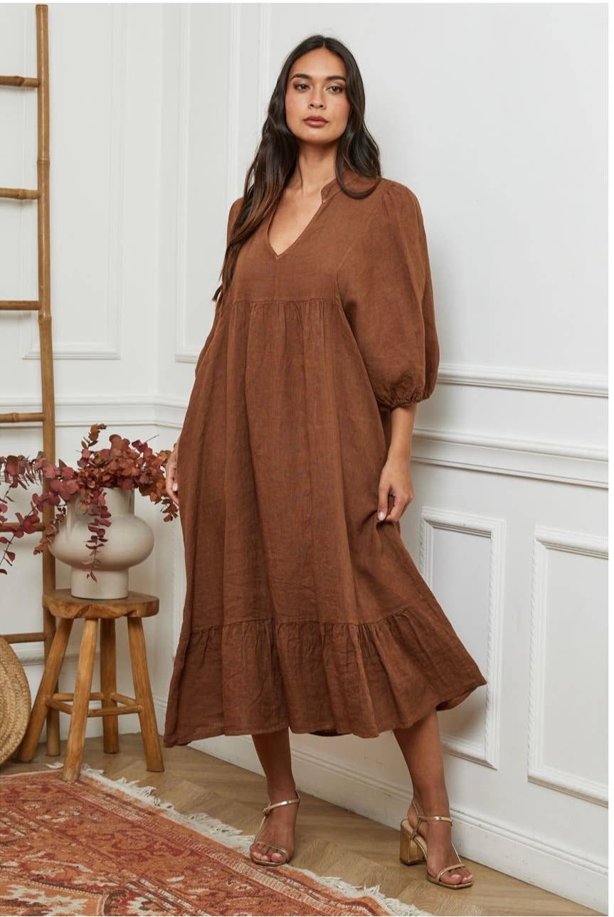 Linen Dress Balloon Sleeve - Made in Italy - Tobacco worn by model in natural setting LUXAMORE 