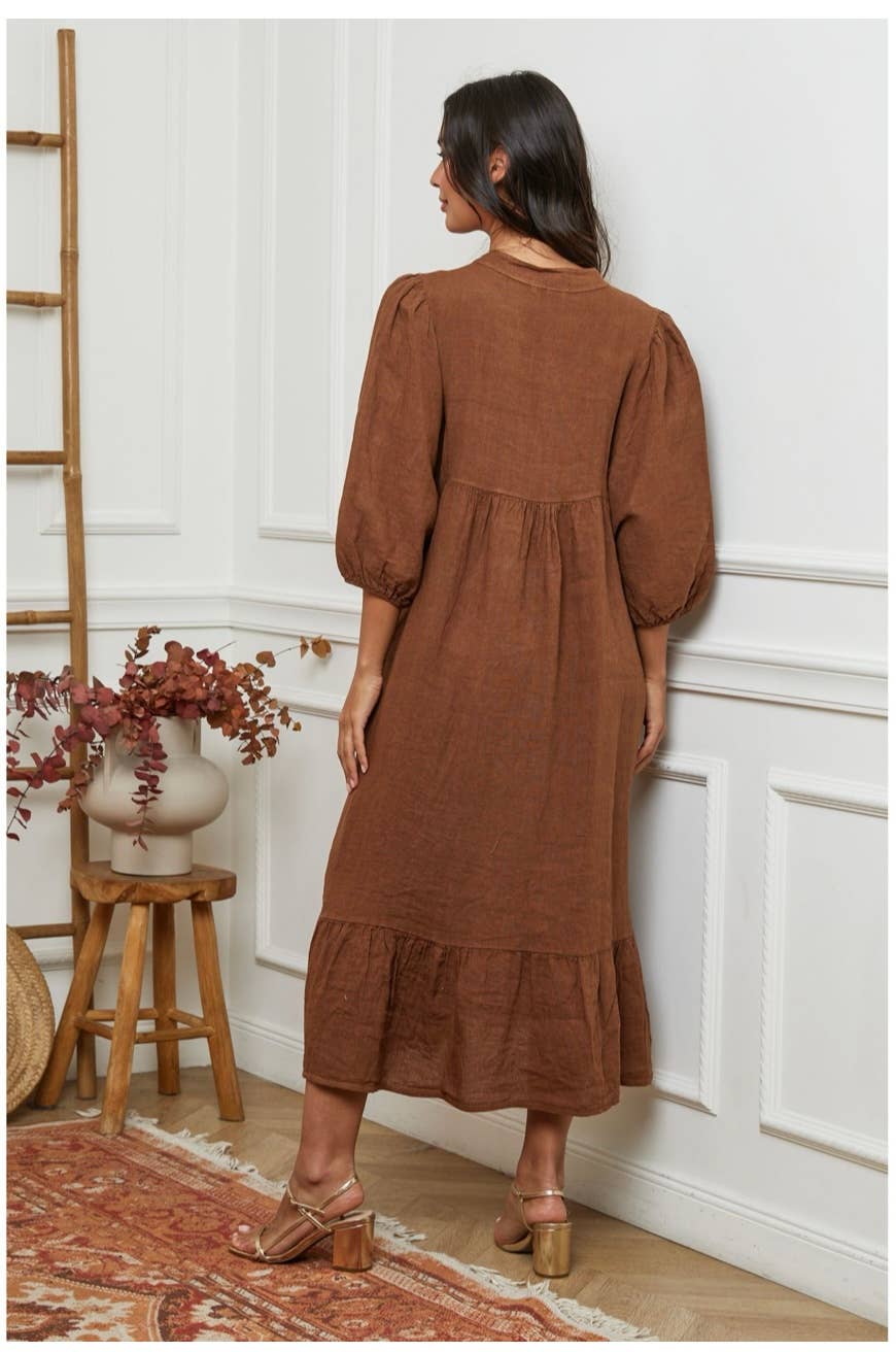 Linen Dress Balloon Sleeve - Made in Italy - Tobacco worn by model in natural setting LUXAMORE 