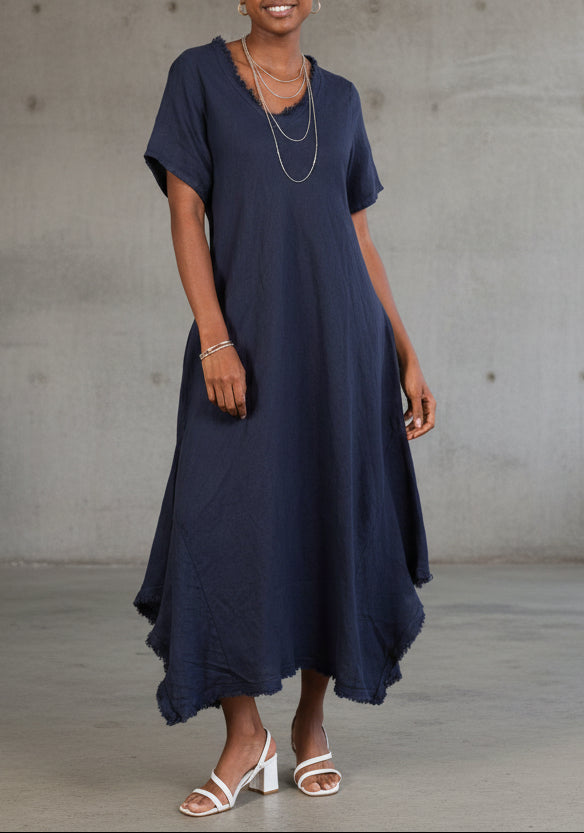 Woman Wearing Linen Dress Bias Cut Maxi Made in Italy - Navy - Dress LUXAMORE