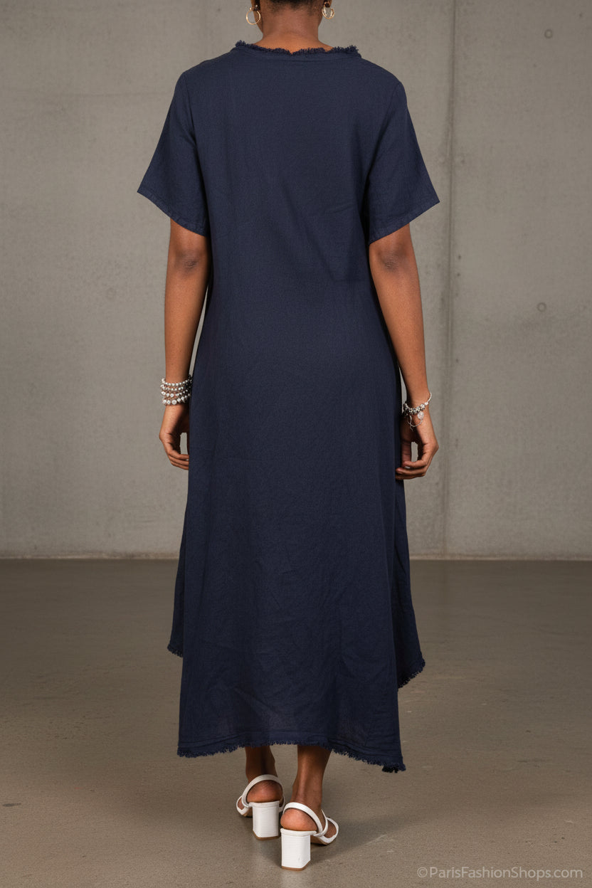 Woman Wearing Linen Dress Bias Cut Maxi Made in Italy - Navy - Dress LUXAMORE