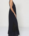 woman wearing Linen Dress Black Maxi Lace Back Made in Italy LUXAMORE 
