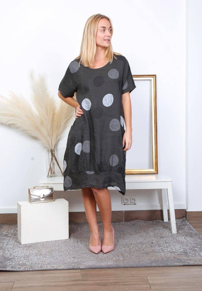 Linen Dress Circle Print Midi Made in Italy Charcoal Grey Linen Dress Circle Print Midi Made in Italy Charcoal Grey