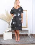 woman wearing Linen Dress Long Printed Made in Italy Charcoal Grey LUXAMORE 