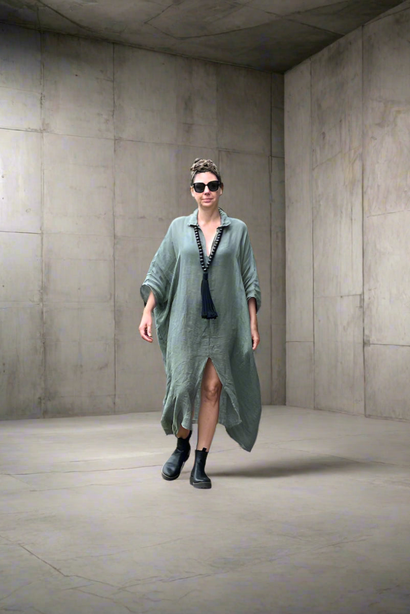 Linen Dress Made in Italy – Olive Kaftan - LUXAMORE -Dress-Elegant linen dress made in Italy. This olive kaftan offers breathable comfort, relaxed sophistication, and year-round wearability. Shop LUXAMORE now.