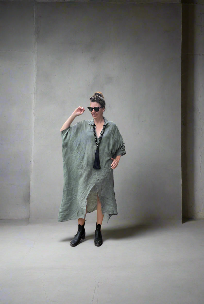 Linen Dress Made in Italy – Olive Kaftan - LUXAMORE -Dress-Elegant linen dress made in Italy. This olive kaftan offers breathable comfort, relaxed sophistication, and year-round wearability. Shop LUXAMORE now.