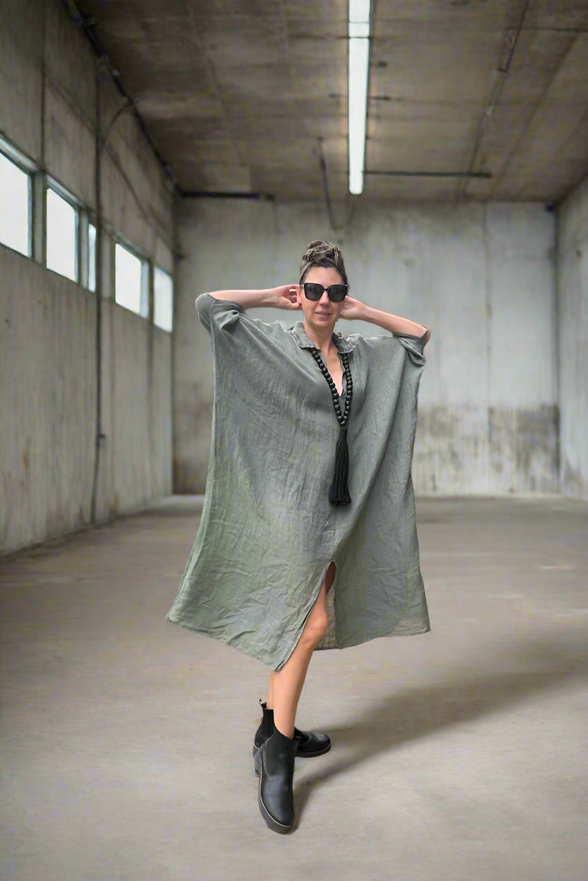 Linen Dress Made in Italy – Olive Kaftan - LUXAMORE -Dress-Elegant linen dress made in Italy. This olive kaftan offers breathable comfort, relaxed sophistication, and year-round wearability. Shop LUXAMORE now.