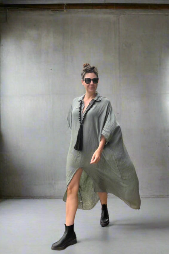 Linen Dress Made in Italy – Olive Kaftan - LUXAMORE -Dress-