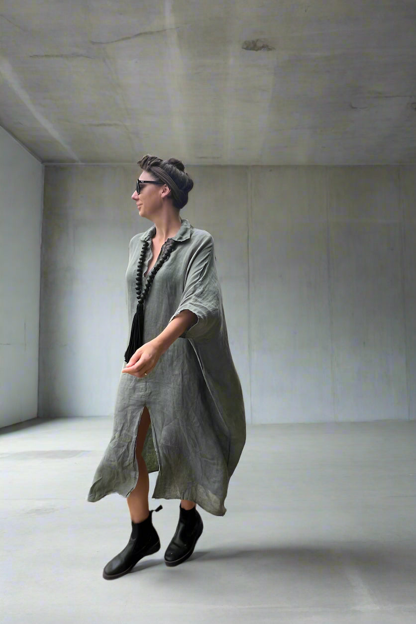 Linen Dress Made in Italy – Olive Kaftan - LUXAMORE -Dress-Elegant linen dress made in Italy. This olive kaftan offers breathable comfort, relaxed sophistication, and year-round wearability. Shop LUXAMORE now.