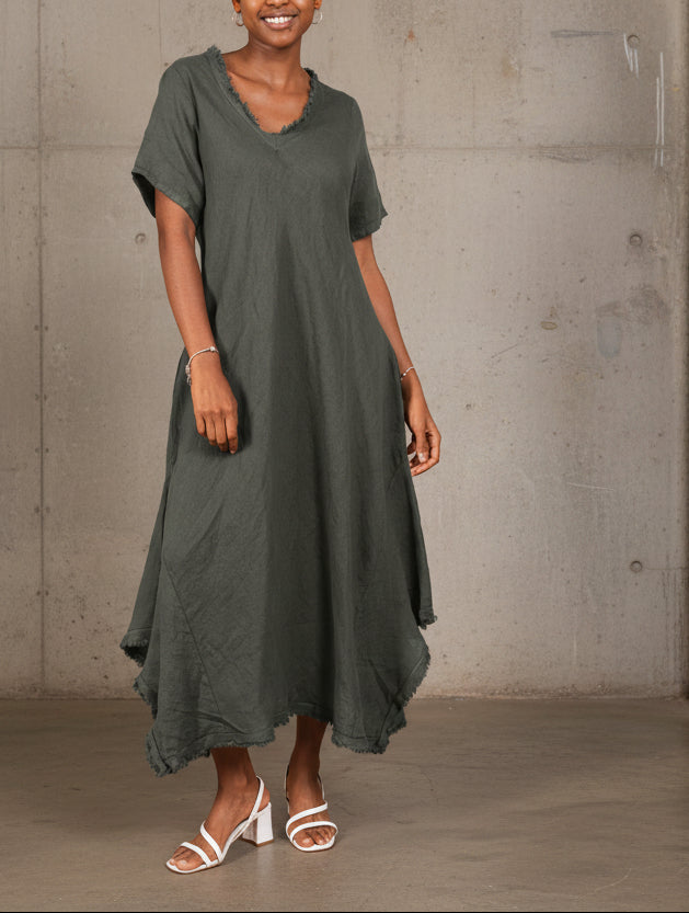 Woman Wearing Linen Dress Maxi Bias Cut Made in Italy - Khaki - One size - Dress LUXAMORE