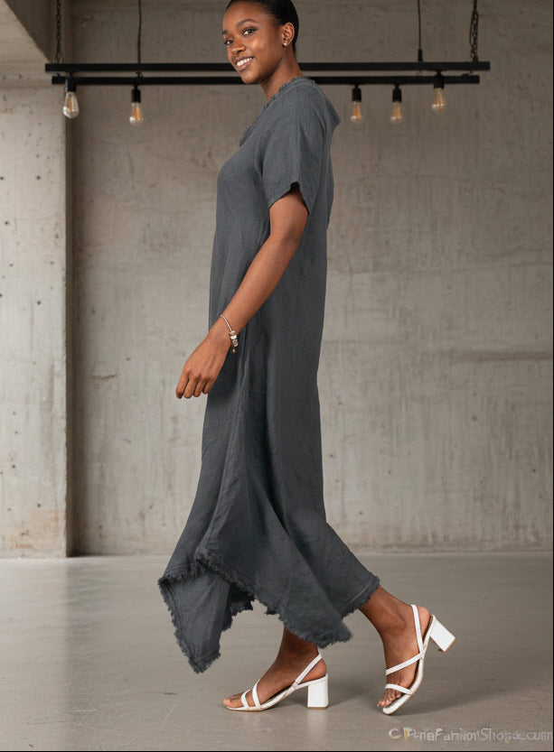 Woman Wearing Linen Dress Maxi Bias Cut Made in Italy - Khaki - One size - Dress LUXAMORE