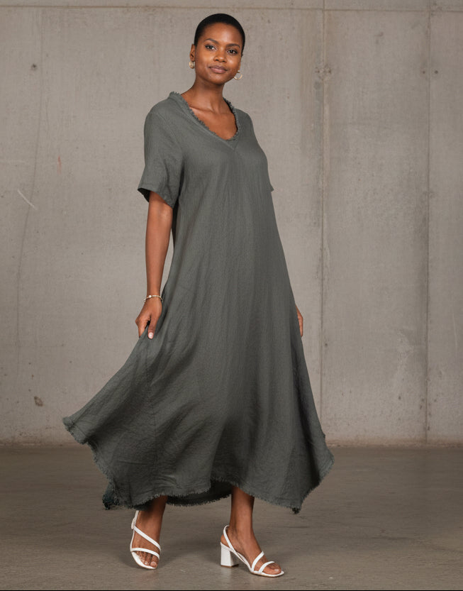 Woman Wearing Linen Dress Maxi Bias Cut Made in Italy - Khaki - One size - Dress LUXAMORE