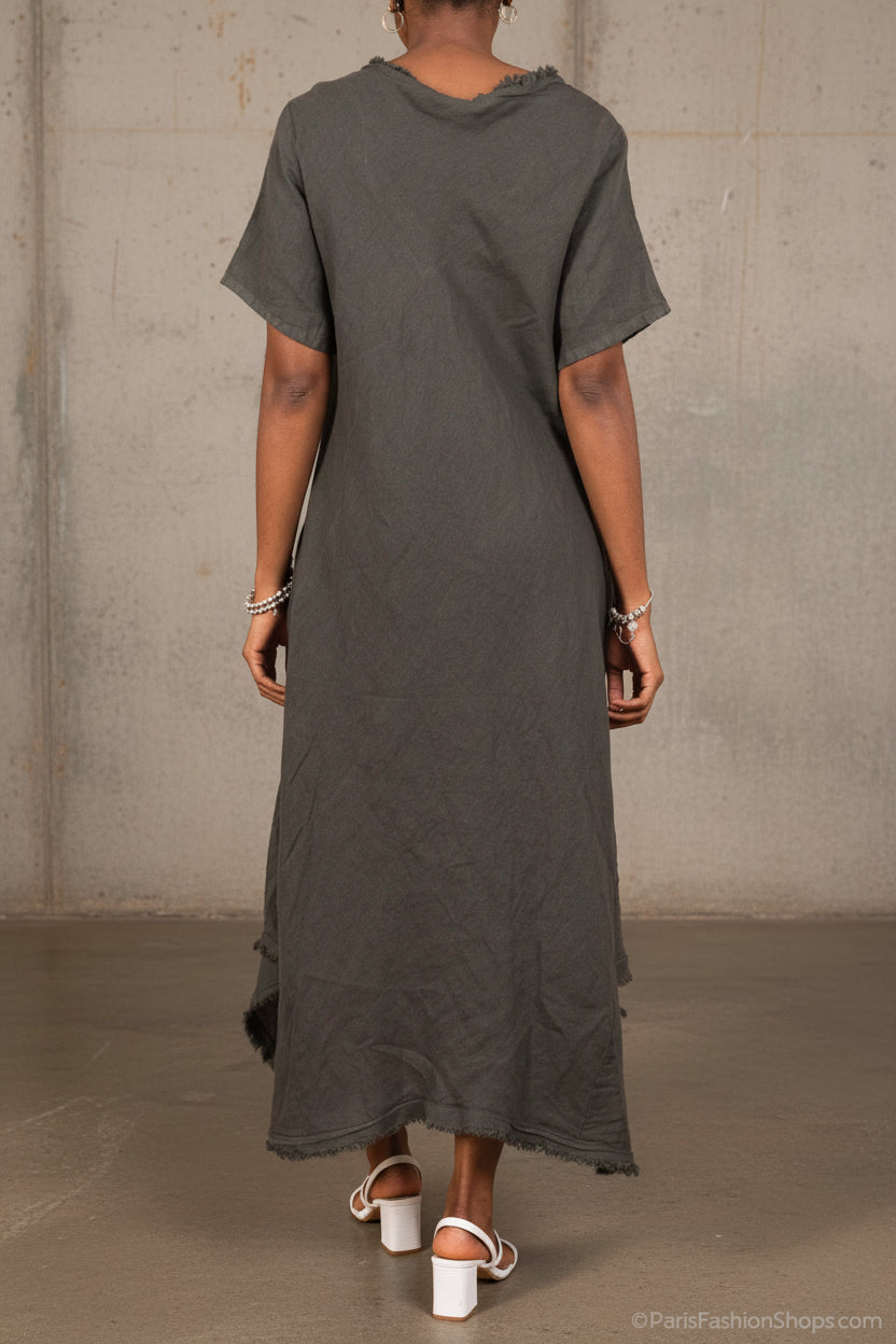 Woman Wearing Linen Dress Maxi Bias Cut Made in Italy - Khaki - One size - Dress LUXAMORE