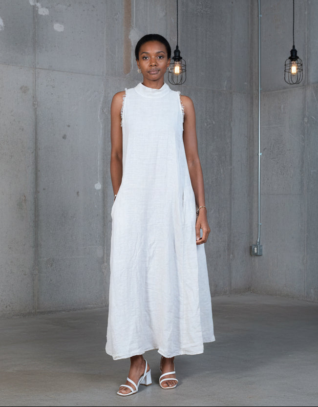 Woman Wearing Linen Dress Maxi High Collar Made in Italy - Beige - One size - Dress LUXAMORE