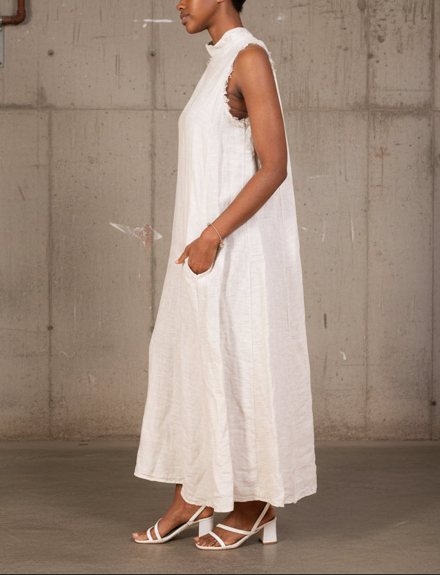 Woman Wearing Linen Dress Maxi High Collar Made in Italy - Beige - One size - Dress LUXAMORE