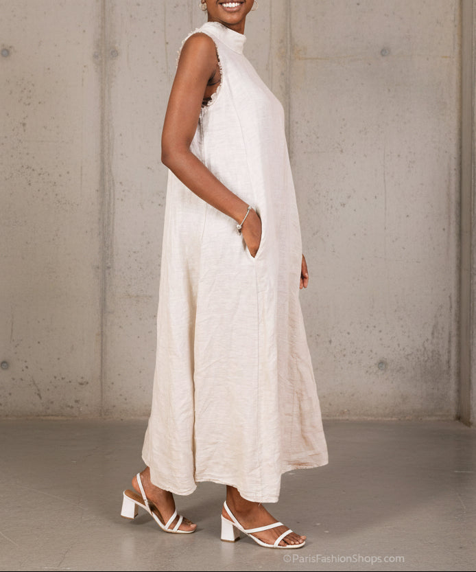 Woman Wearing Linen Dress Maxi High Collar Made in Italy - Beige - One size - Dress LUXAMORE