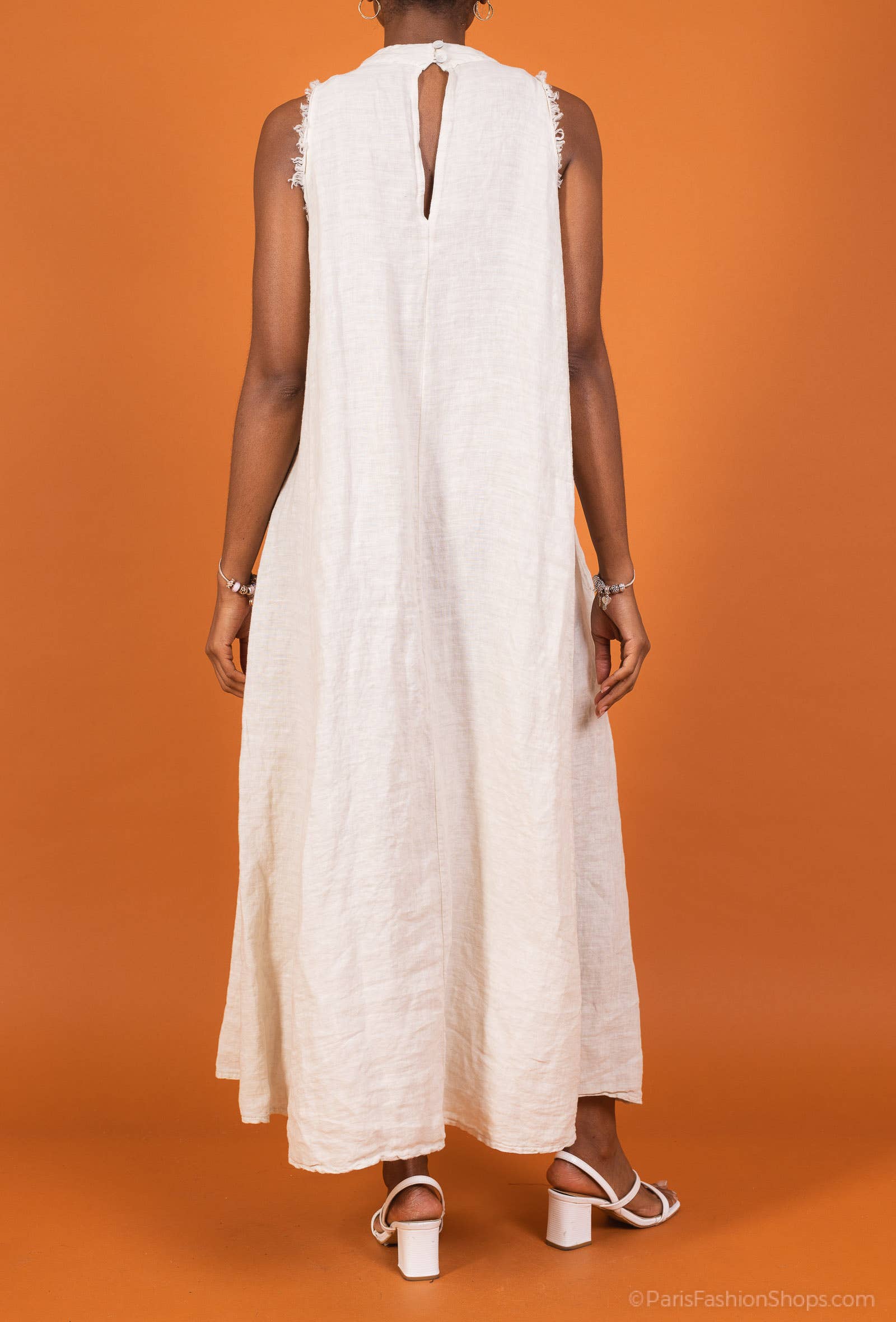 Woman Wearing Linen Dress Maxi High Collar Made in Italy - Beige - One size - Dress LUXAMORE