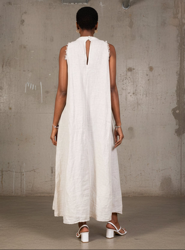 Woman Wearing Linen Dress Maxi High Collar Made in Italy - Beige - One size - Dress LUXAMORE