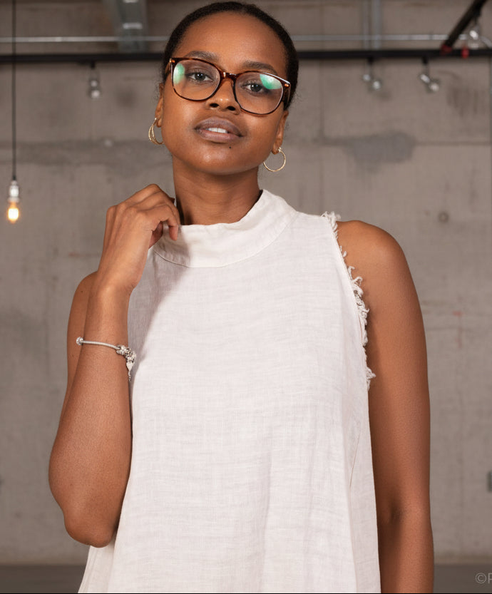 Woman Wearing Linen Dress Maxi High Collar Made in Italy - Beige - One size - Dress LUXAMORE