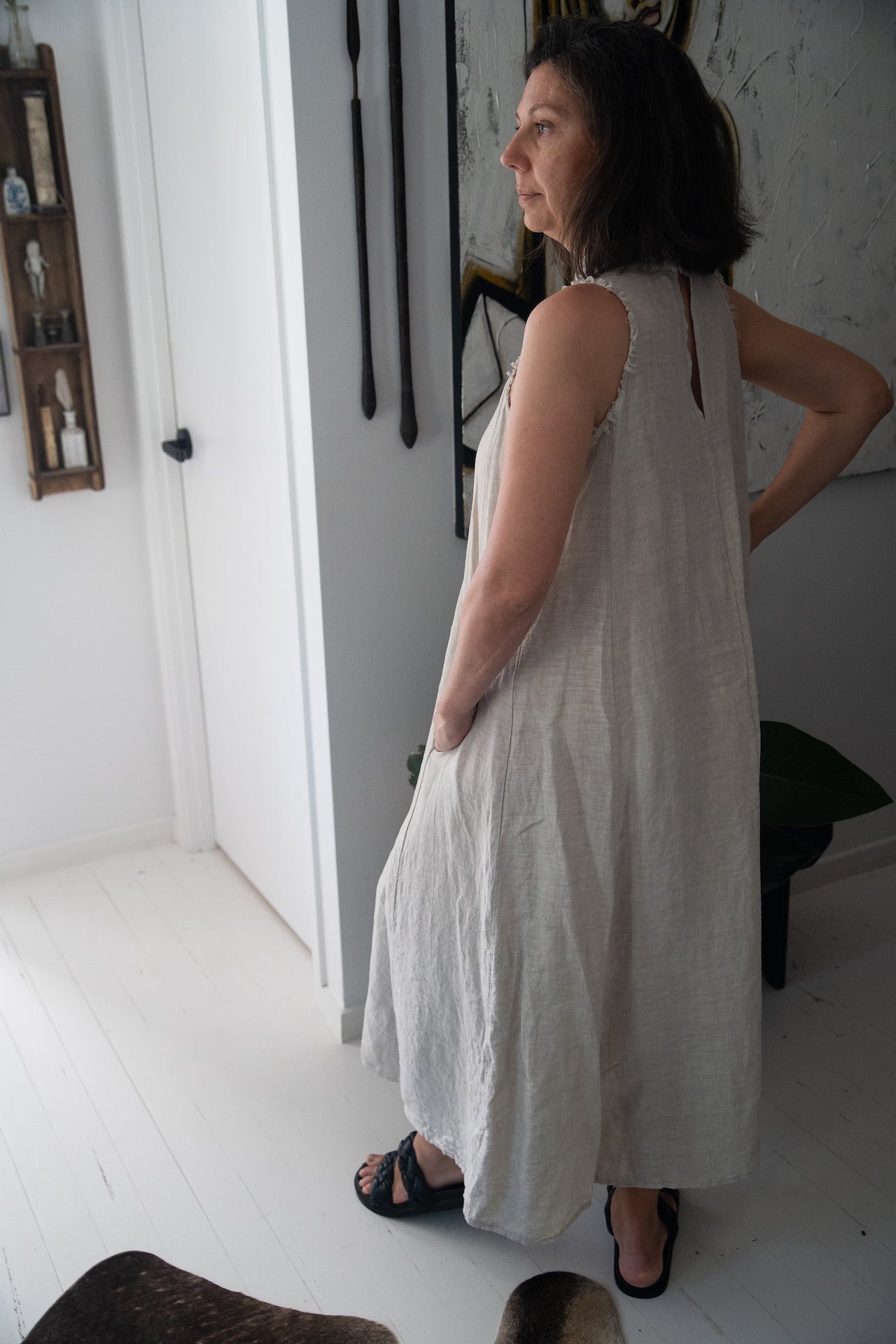 Woman Wearing Linen Dress Maxi High Collar Made in Italy - Beige - One size - Dress LUXAMORE