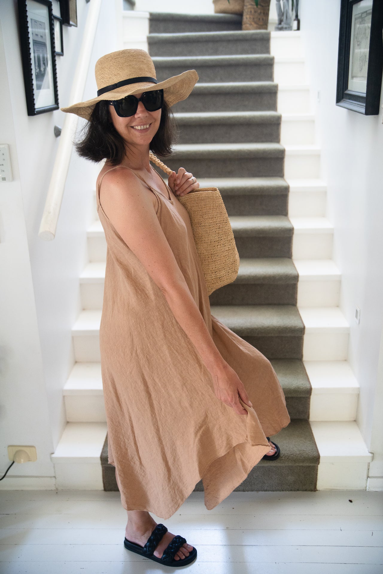Woman Wearing Linen Dress Maxi Made in Italy - Camel - One size - Dress LUXAMORE
