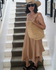 Woman Wearing Linen Dress Maxi Made in Italy - Camel - One size - Dress LUXAMORE
