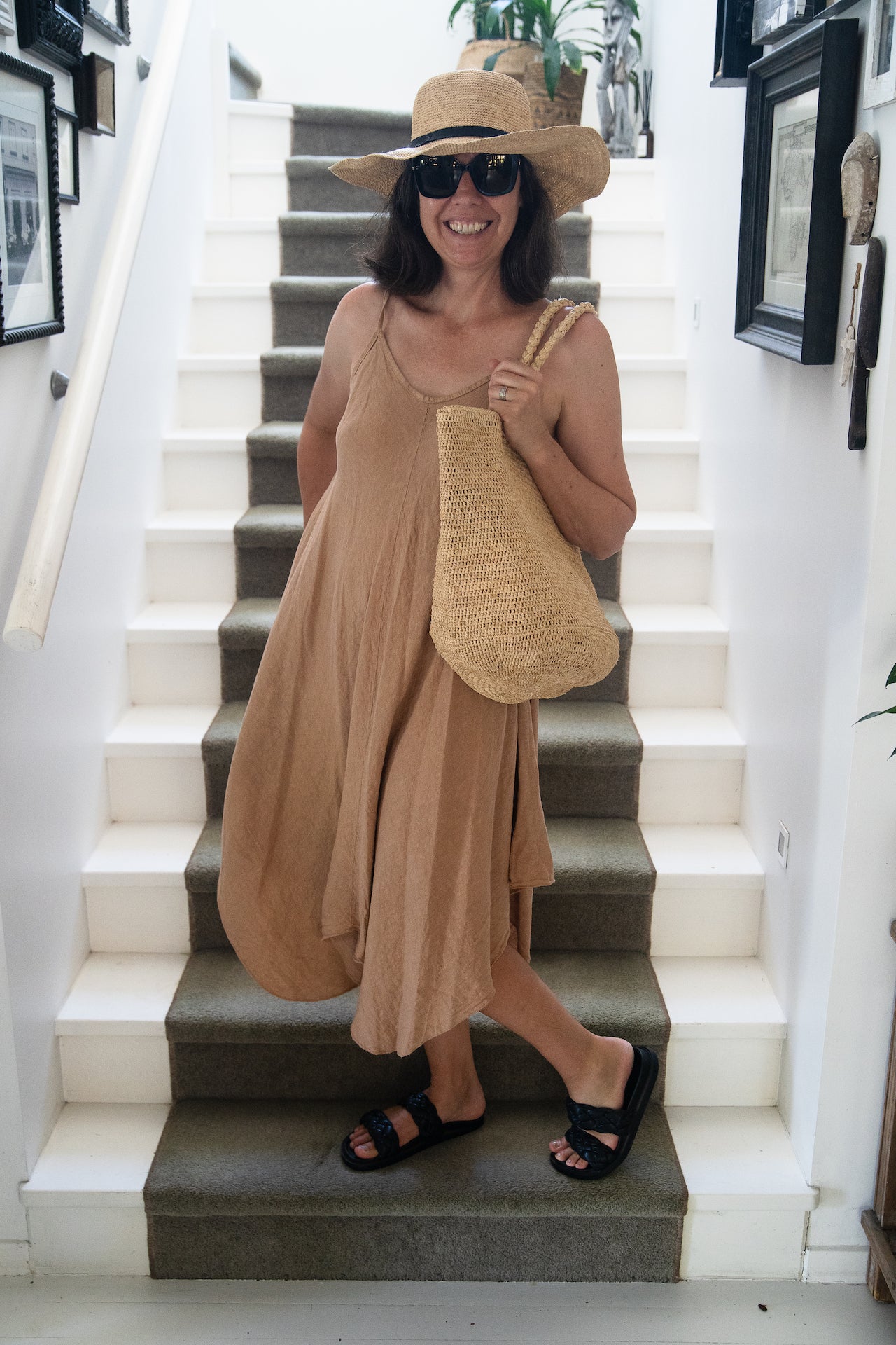 Woman Wearing Linen Dress Maxi Made in Italy - Camel - One size - Dress LUXAMORE