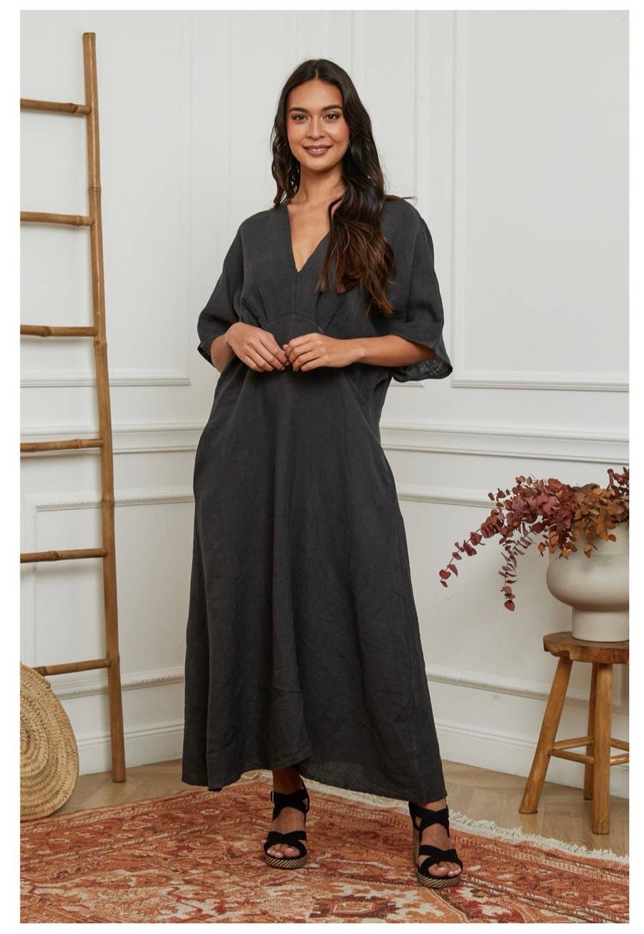 woman wearing Linen Dress Maxi Made in Italy Charcoal Grey LUXAMORE 