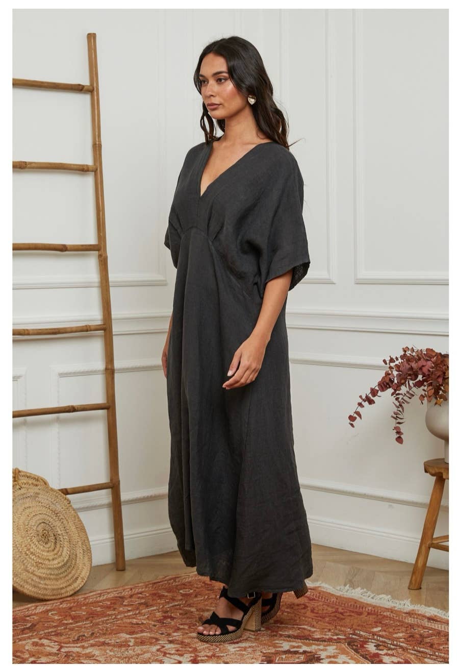 woman wearing Linen Dress Maxi Made in Italy Charcoal Grey LUXAMORE 