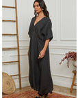 woman wearing Linen Dress Maxi Made in Italy Charcoal Grey LUXAMORE 