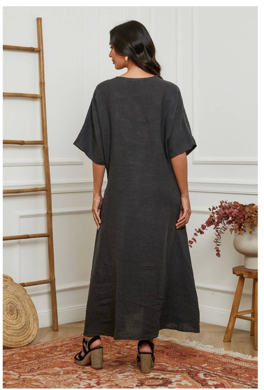 woman wearing Linen Dress Maxi Made in Italy Charcoal Grey LUXAMORE 