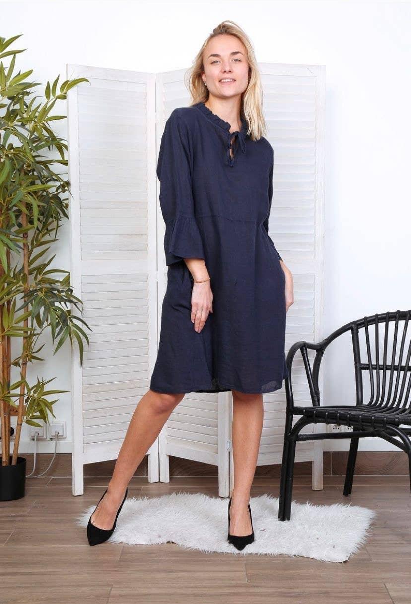 Linen Dress Midi 100% Made in Italy Navy Linen Dress Midi 100% Made in Italy Navy
