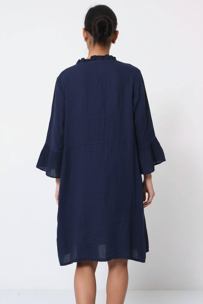 woman wearing Linen Dress Midi 100% Made in Italy Navy LUXAMORE 